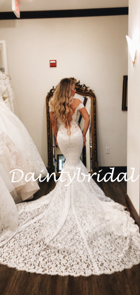 Simple Off-shoulder Mermaid Lace Long Wedding Dresses.DB10783