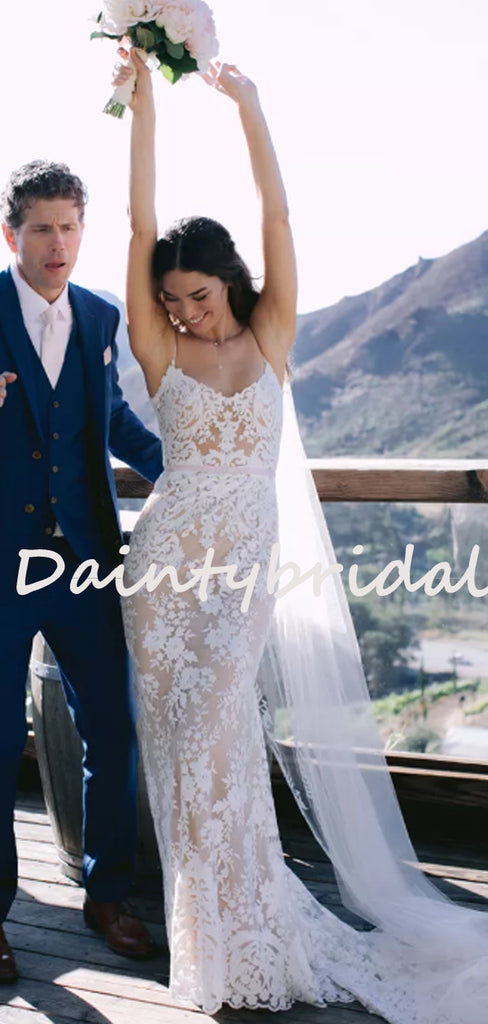 Charming Spaghetti Strap V-neck Simple Lace Mermaid Wedding Dresses, DB10737