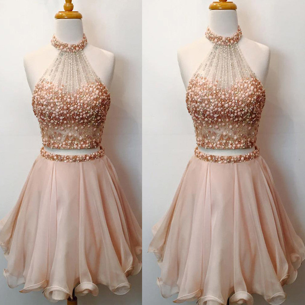 Charming Two Pieces Bare-midriff Rhinestones Sparkly Halter Pink Cute Homecoming Dresses, CM0013