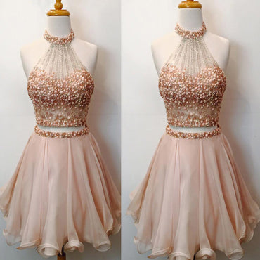 Charming Two Pieces Bare-midriff Rhinestones Sparkly Halter Pink Cute Homecoming Dresses, CM0013