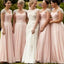Elegant Lace Cap Sleeve Sweetheart Blush Pink Pleats Chiffon A-line Floor-Length Cheap Bridesmaid Dresses, WG85