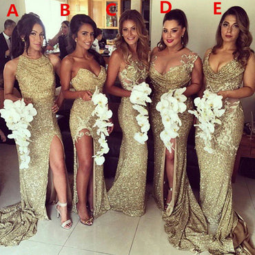 Sexy Unique Mismatched Sparkly Gold Sequin Side Split Chapel Trailing Long Wedding Party Bridesmaids Dresses , WG86