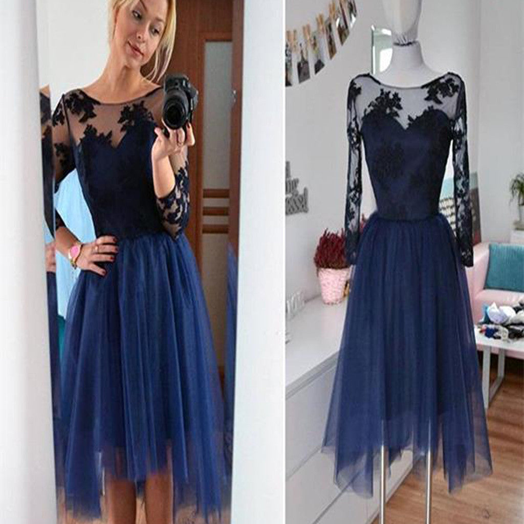 Navy long sleeve lace see through tulle simple modest casual homecoming dress,BD0086