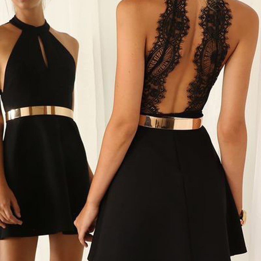 Sexy Hole Chest Gold Sash Black Halter Lace Open Back Sheath  Homecoming Gown Dress,BD0088