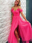 Off-shoulder Side Slit Floor Length Tulle Long Prom Dresses Evening Dresses.DB10291