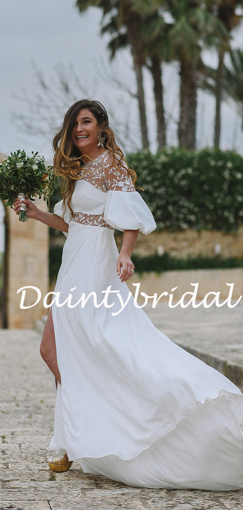 Simple Short Sleeve A-line Chiffon Side Slit Long Wedding Dresses.DB10784