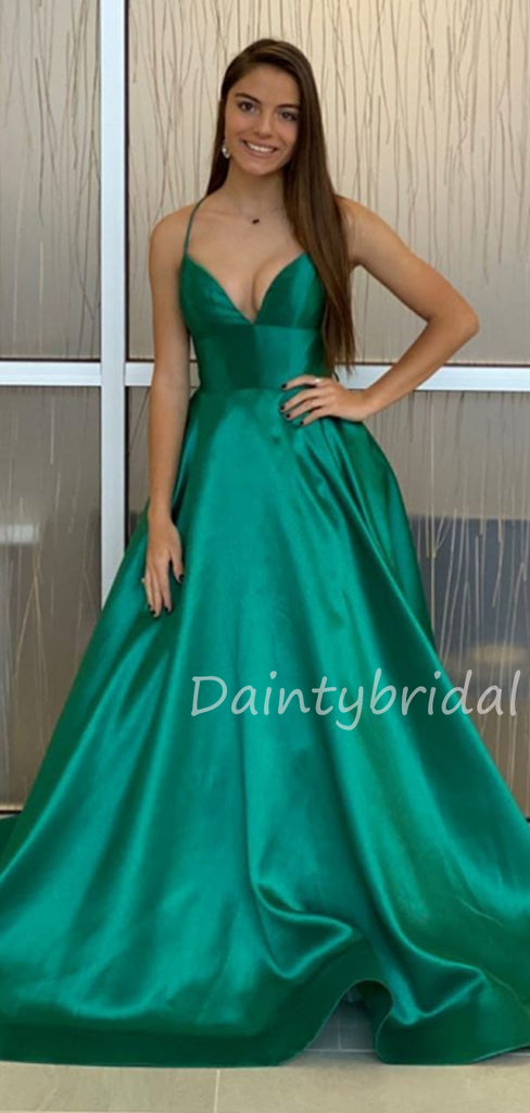 Charming V-neck A-line Satin Long Prom Dresses Evening Dresses.DB10489