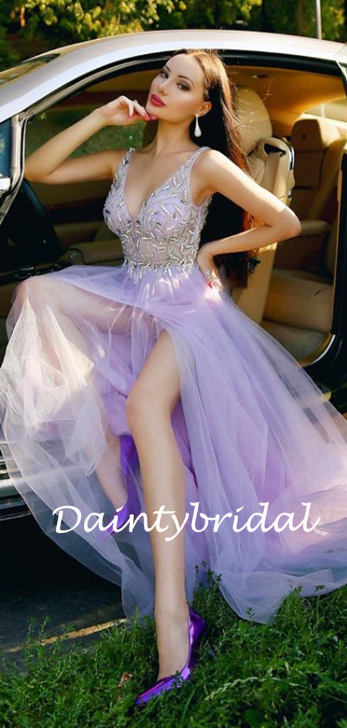 Simple V-neck Side Slit Tulle Prom Dresses Evening Dresses.DB10823