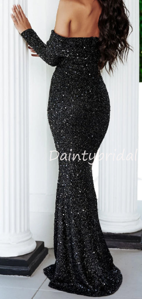 Charming Straight Long Sleeve Mermaid Sequin Long Evening Dresses Prom Dresses.DB10519
