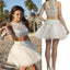Two Pieces Sleeveless White Lace High Neckline Bare-midriff  Mini Tulle Skirt  Homecoming Dress,BD0093