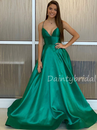 Charming V-neck A-line Satin Long Prom Dresses Evening Dresses.DB10489