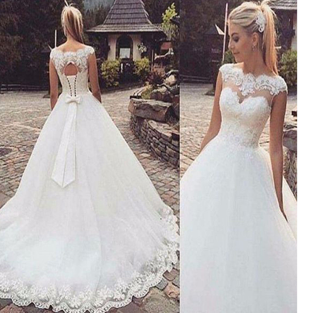 Sweetheart Cap Sleeve Clairvoyant Outfit Lace Elegant Bow Knot Ball Gown Vintage Wedding Dresses. WD0220