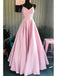 A-Line V-Neck Pink Spaghetti Straps Satin Prom Dresses Formal Dresses, OL628