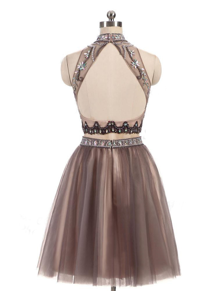 Two Pieces Gorgeous Beading High Neck Open Back Sleeveless Light Brown  Homecoming Dresses,BD0142