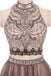 Two Pieces Gorgeous Beading High Neck Open Back Sleeveless Light Brown  Homecoming Dresses,BD0142