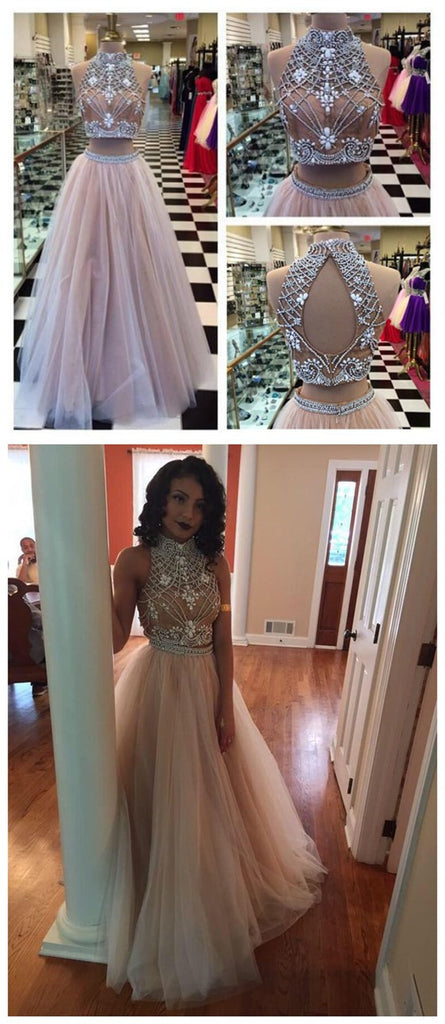 Elegant Two Pieces High Neck A-line Prom Dresses,PD0115