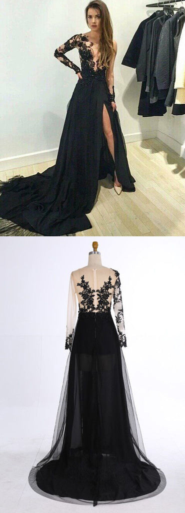 Long Sleeve Deep V-neck  Black Lace High Split Side Long A-line Sexy Charming Prom Dress , PD0013