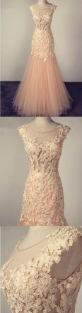 Long A-line Pink Cap Sleeve Scoop Neck Tulle With Lace Appliques Prom Dresses,PD0138