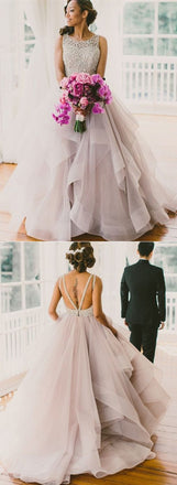 Gorgeous Sparkly Beading Top Organza Ruffles Sleeveless Open Back  Ball Gown Wedding Dress, WD0125