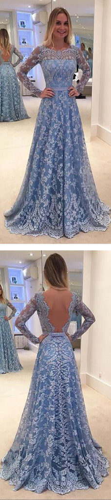 Elegant Long Sleeve Blue Full Lace A-line Open Back Cocktail Evening Party Vintage Prom Dresses,DB0182