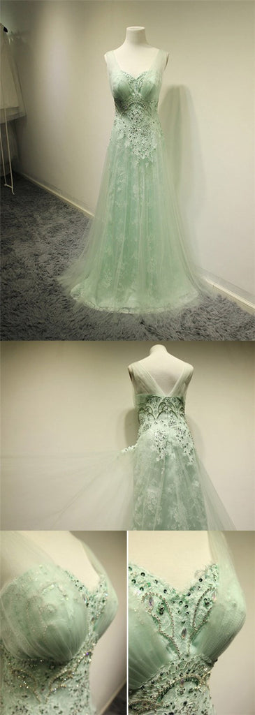 Long A-line Sage Tulle Beading Lace Sweetheart Sleeveless Unique Elegant Party Prom Dresses,PD0193