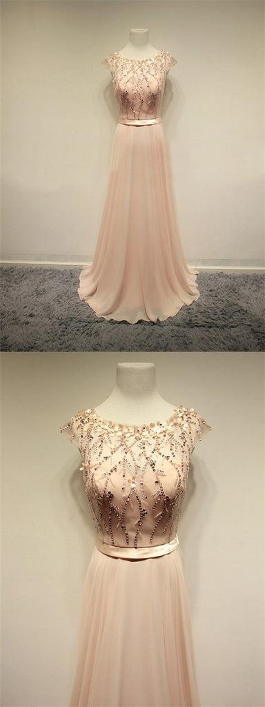 Popular Blush Pink Cap Sleeve Chiffon Beading Lovely Round Neck Evening Party Prom Dress. PD0194