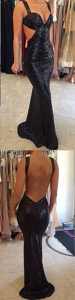 Long Black Sequined Sparkly Sexy Mermaid Backless Spaghetti Strap Evening Party Prom Dresses,PD0200