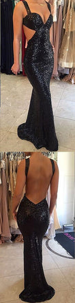 Long Black Sequined Sparkly Sexy Mermaid Backless Spaghetti Strap Evening Party Prom Dresses,PD0200
