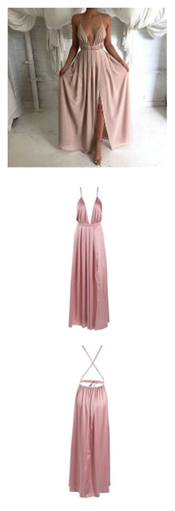 Long Spaghetti Strap Deep V-neck High Split Side Backless Sleeveless Popular Tie Prom Dress,PD0024