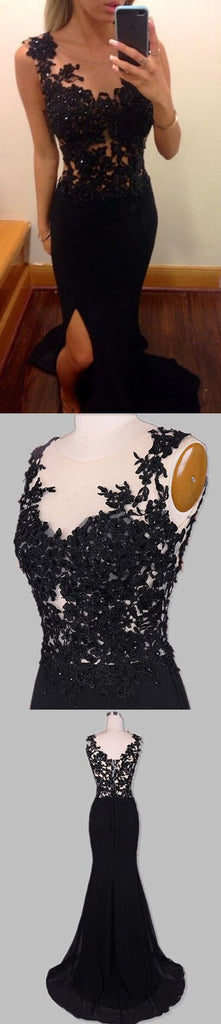 Long Black Lace Beading Top Slip Side Sexy Mermaid Open Back Casual Affordable Prom Dress,PD0031