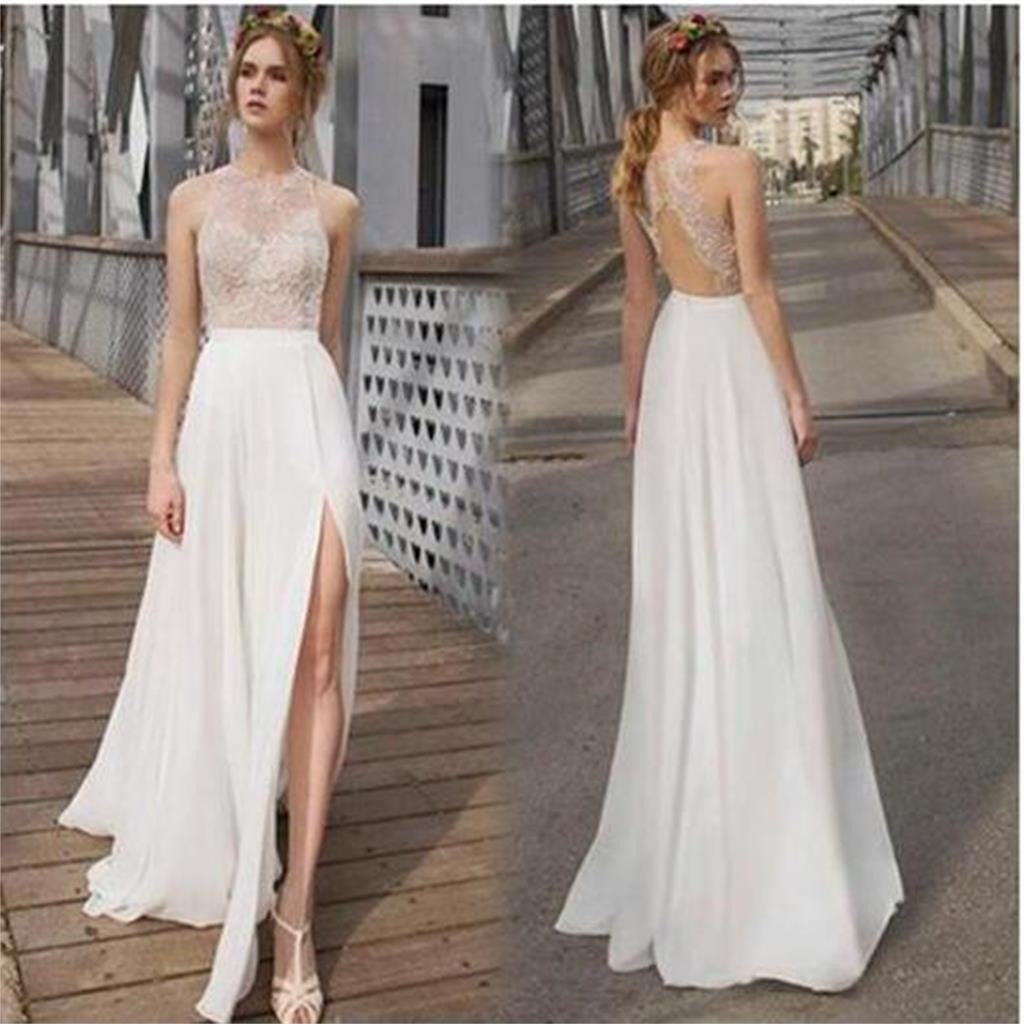 Cheap Popular Summer Beach Long Column Open Back Sexy Split Side Prom Dress Wedding Dresses, WD0123