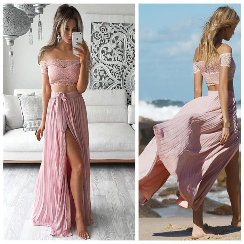 Long Two Pieces Off Shoulder Short Sleeve Side Split Sexy A-line Pink Lace Chiffon Prom Dress,PD0050