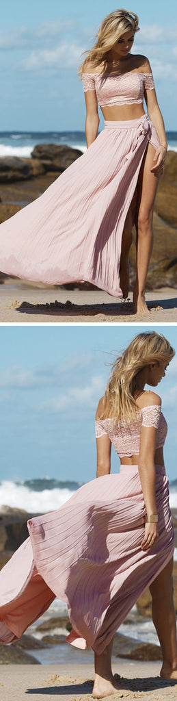 Long Two Pieces Off Shoulder Short Sleeve Side Split Sexy A-line Pink Lace Chiffon Prom Dress,PD0050