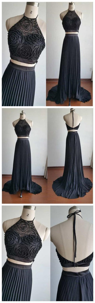 Two Pieces Halter High Neck Beading Top Newest Simple Chiffon Evening  Party Prom Dress,PD0061