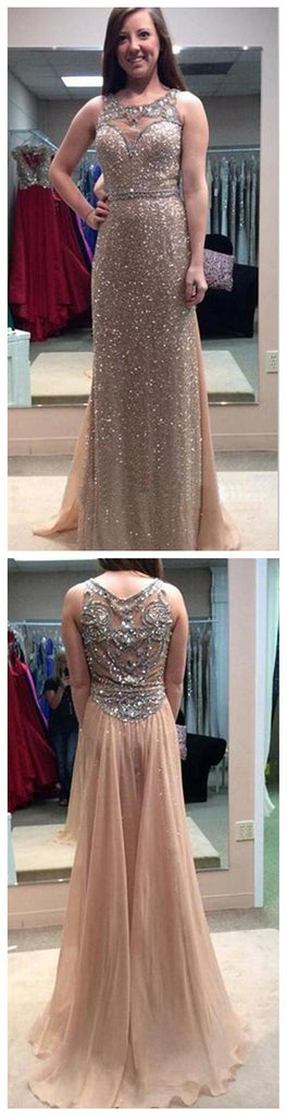 Long Rhinestones Sparkly Sequins Glitter Charming Round Neck Sleeveless Prom Dress,PD0069