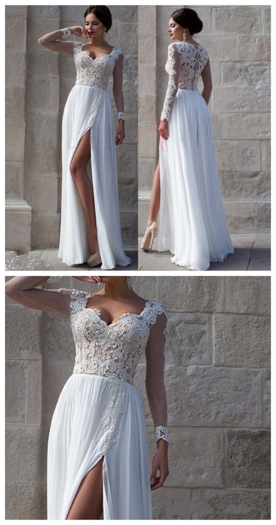 Charming Long Sleeve White Lace Top Chiffon Side Split Long A-line Wedding Party Prom Dresses,PD0072