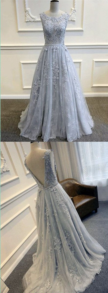 Long Custom Gray V-Back Scoop Tulle With Lace Appliques High School Party Prom Dresses ,PD0083