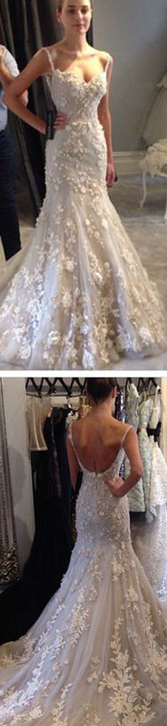 Elegant Spaghetti Strap Lace Appliques Mermaid Sexy Backless Prom Dresses Wedding Dresses, WD0129