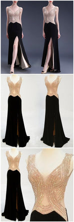 Elegant V-neck Sleeveless Split Side Beading Long Prom Dresses,PD0086