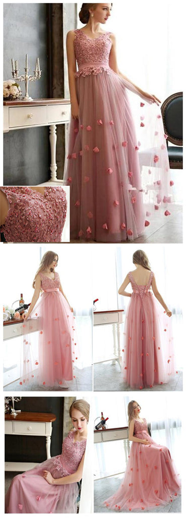 Charming Scoop Neck Tulle With Appliques Lace Up Back Prom Dresses,PD0090