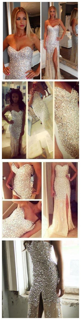 Long Sparkly Rhinestone Charming High Slip Side Strapless Evening Party Prom Dresses,PD0098