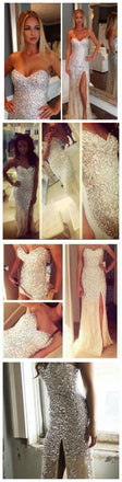 Long Sparkly Rhinestone Charming High Slip Side Strapless Evening Party Prom Dresses,PD0098