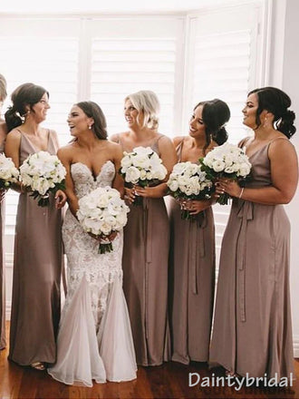 Elegant Brown Spaghetti Straps V-neck Sleeveless A-line Long Bridesmaid Dress, BG240