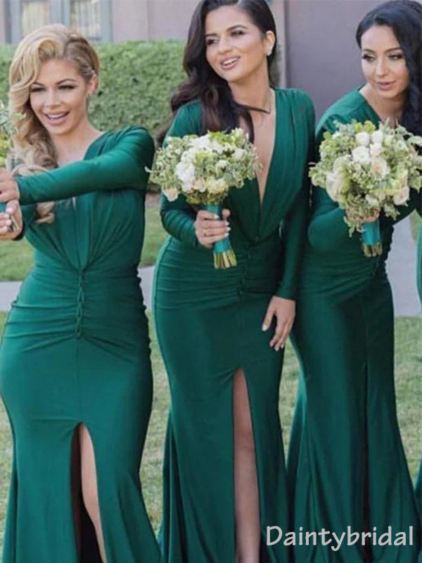 Modest Green V-neck Long Sleeves Mermaid Satin Long Bridesmaid Dress with Side Slit, BG225