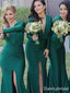Modest Green V-neck Long Sleeves Mermaid Satin Long Bridesmaid Dress with Side Slit, BG225