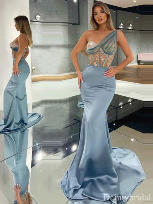 Elegant One Shoulder Mermaid Beading Tulle Satin Long Prom Dresses Evening Dress, OL911