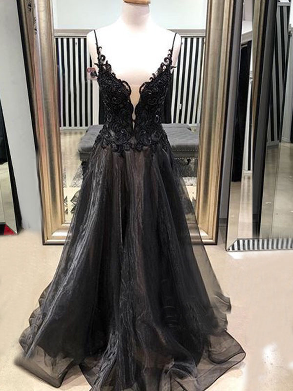Black Applique Organza Spaghetti Strap Open Back Prom Dresses