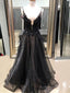 Black Applique Organza Spaghetti Strap Open Back Prom Dresses, DB1087
