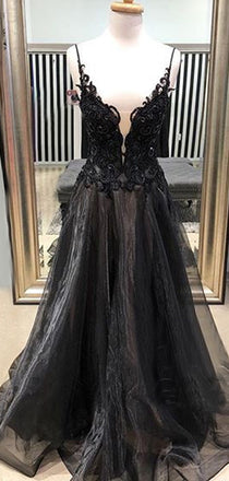 Black Applique Organza Spaghetti Strap Open Back Prom Dresses, DB1087