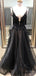 Black Applique Organza Spaghetti Strap Open Back Prom Dresses, DB1087